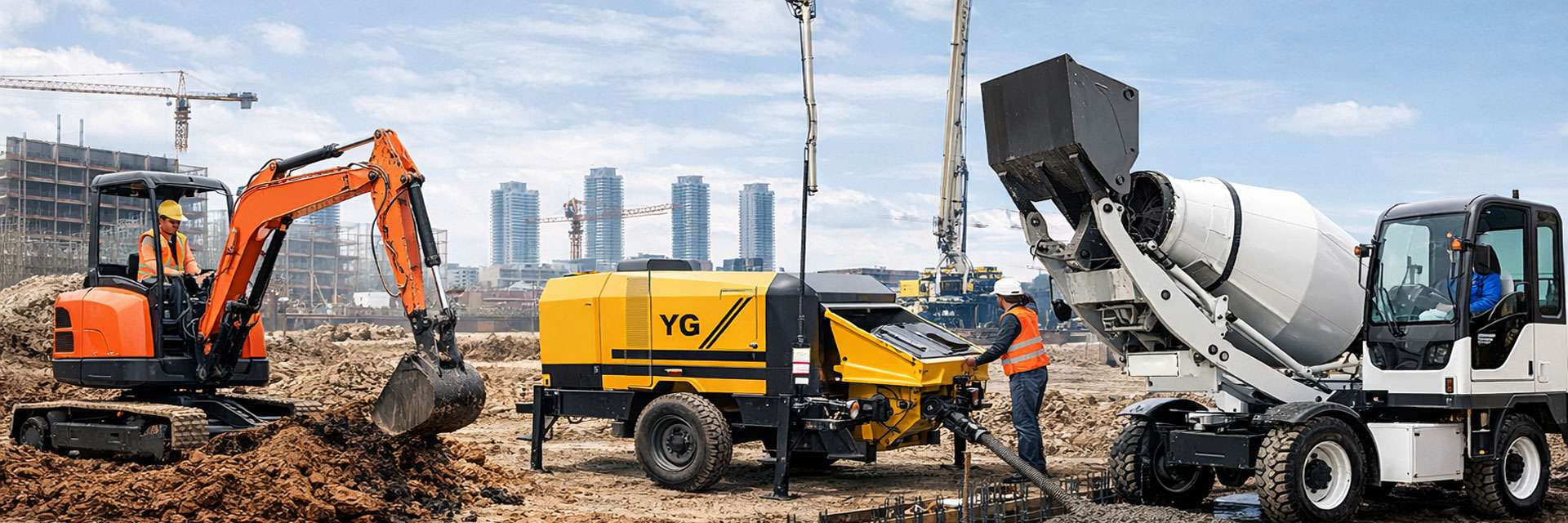 construction site with YG Machinery's concrete pump mixer excavator fog cannon