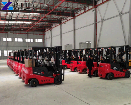 compact 4 wheel electric forklift navigating narrow warehouse aisles
