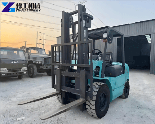 forklift diesel truck lifting cargo on industrial site