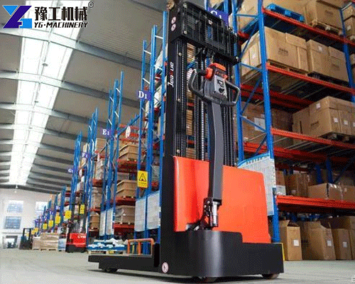 stacker operating in warehouse aisle