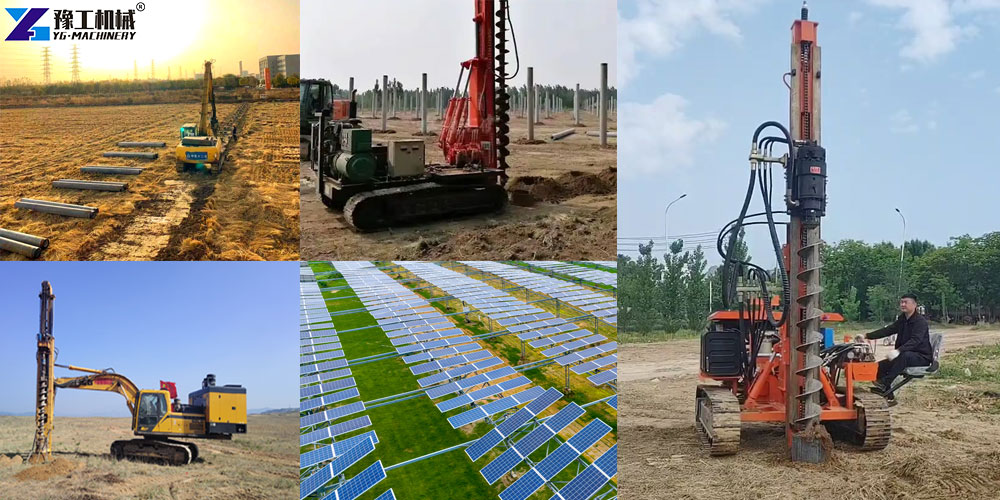 solar pile driver on solar farm