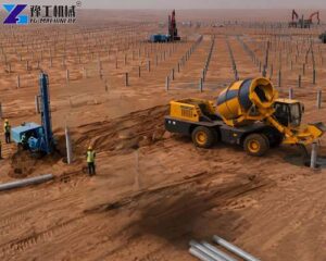 solar pile driver with self loading concrete mixer