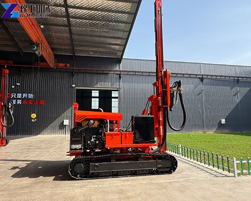 Hydraulic impact hammer driving a steel pile for solar foundation installation